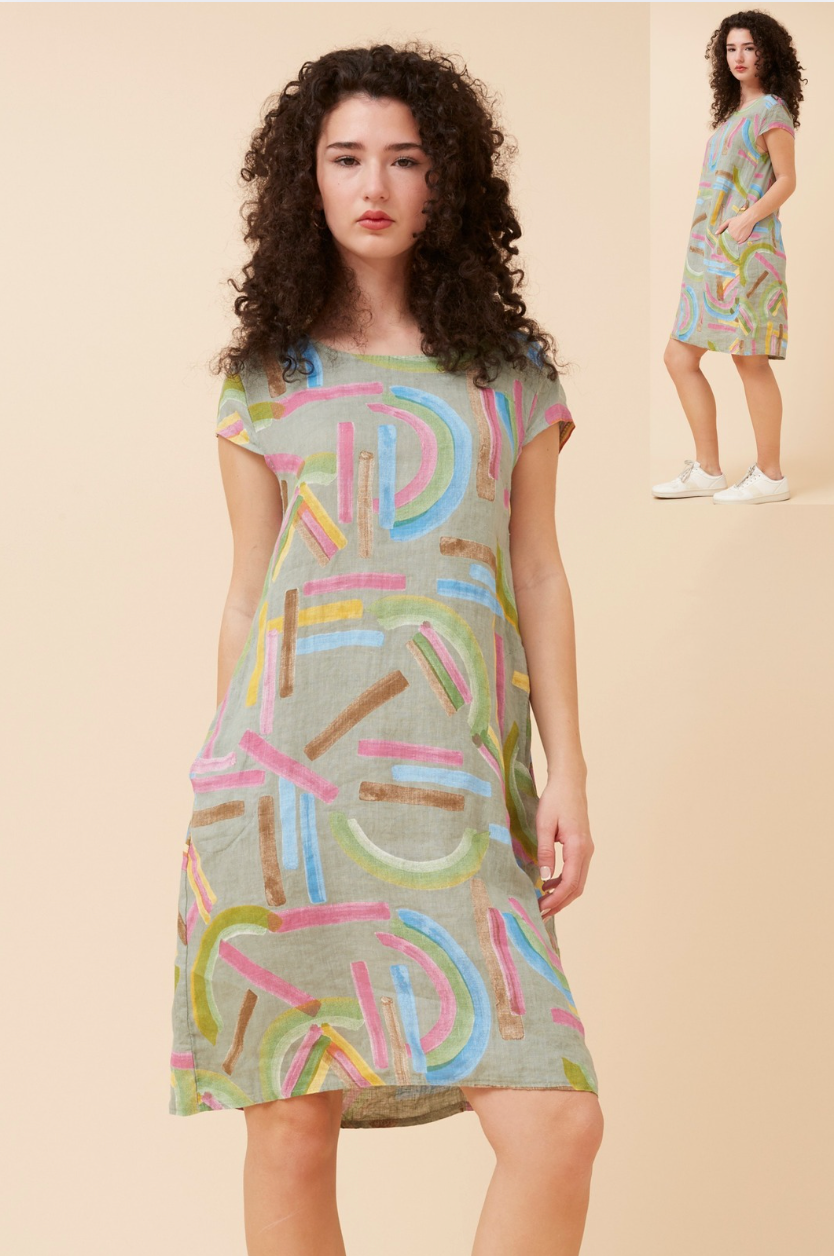 Bottega Moda Short Sleeve Seaside Brushstroke Linen Dress in Sage