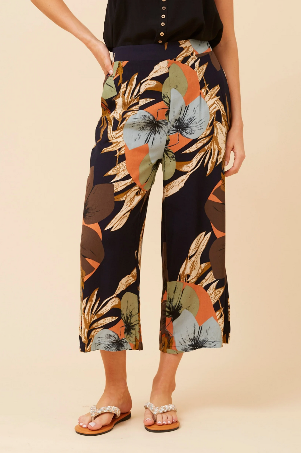 Caroline Morgan Crop Tropical Floral Print Wide leg pant