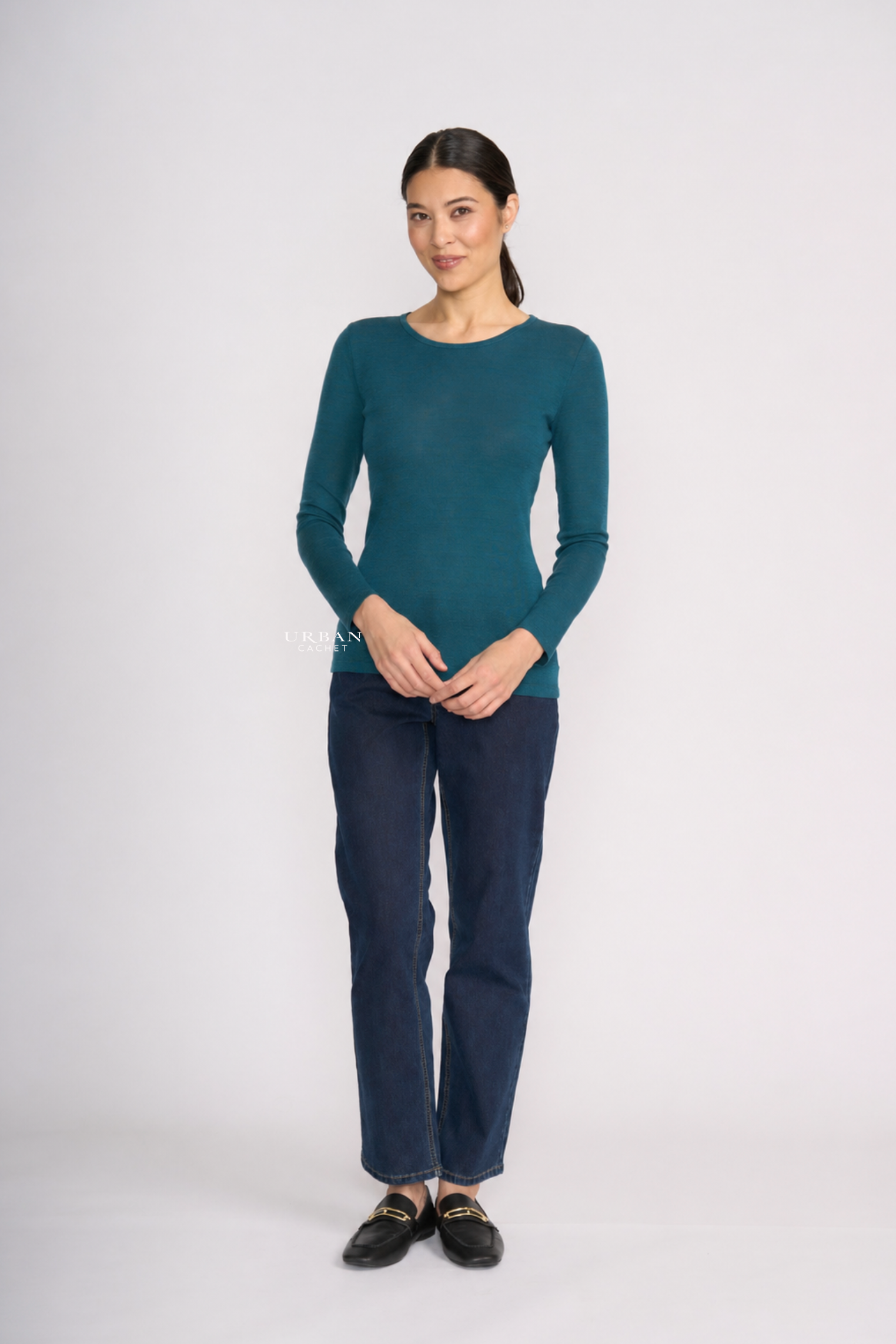 Foil Merino Fine Merino Crew Neck Top in Midnight Green