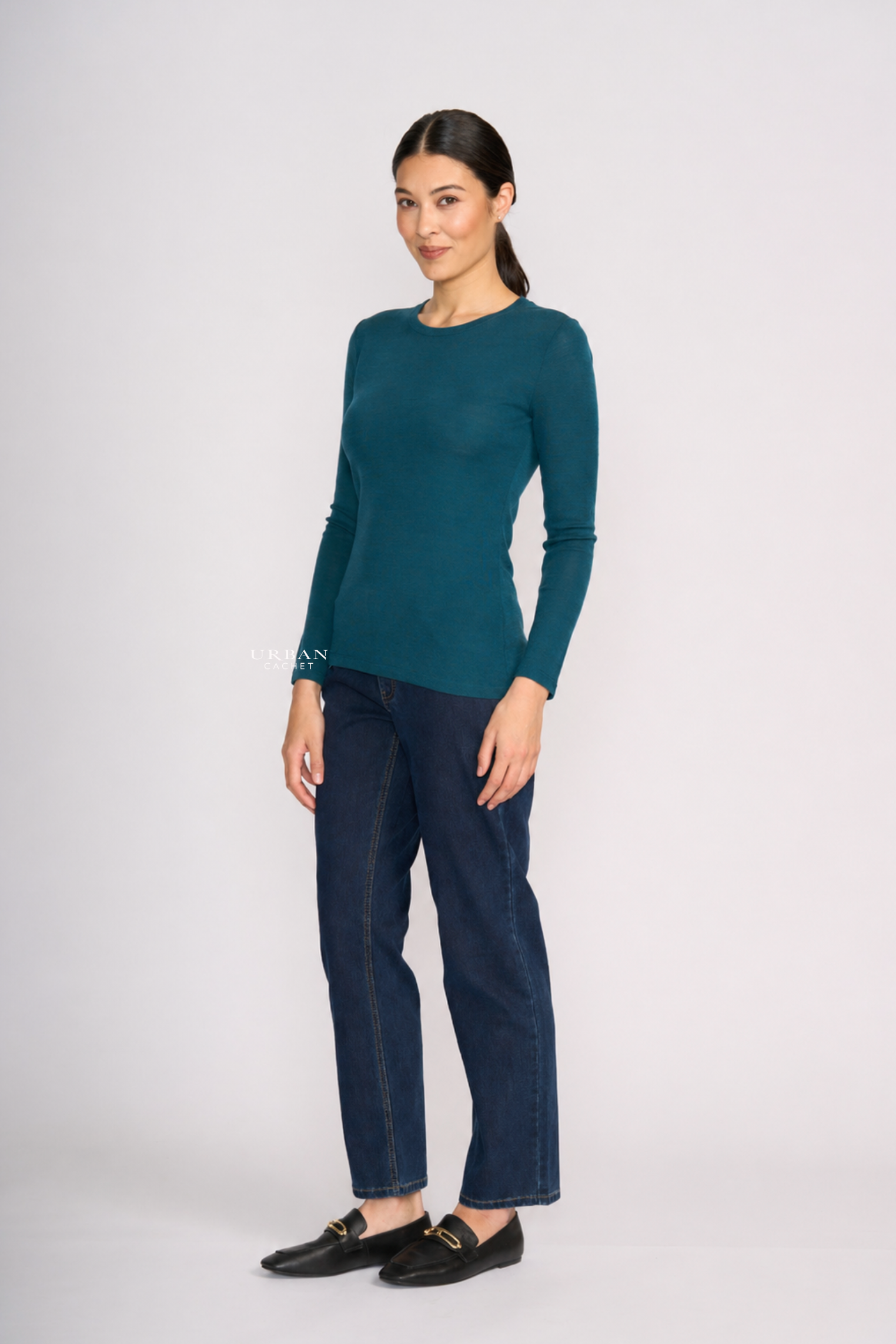 Foil Merino Fine Merino Crew Neck Top in Midnight Green