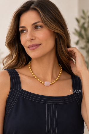 BIASA Accessories Pennypink Crush Gold Quartz Pink Stone Necklace