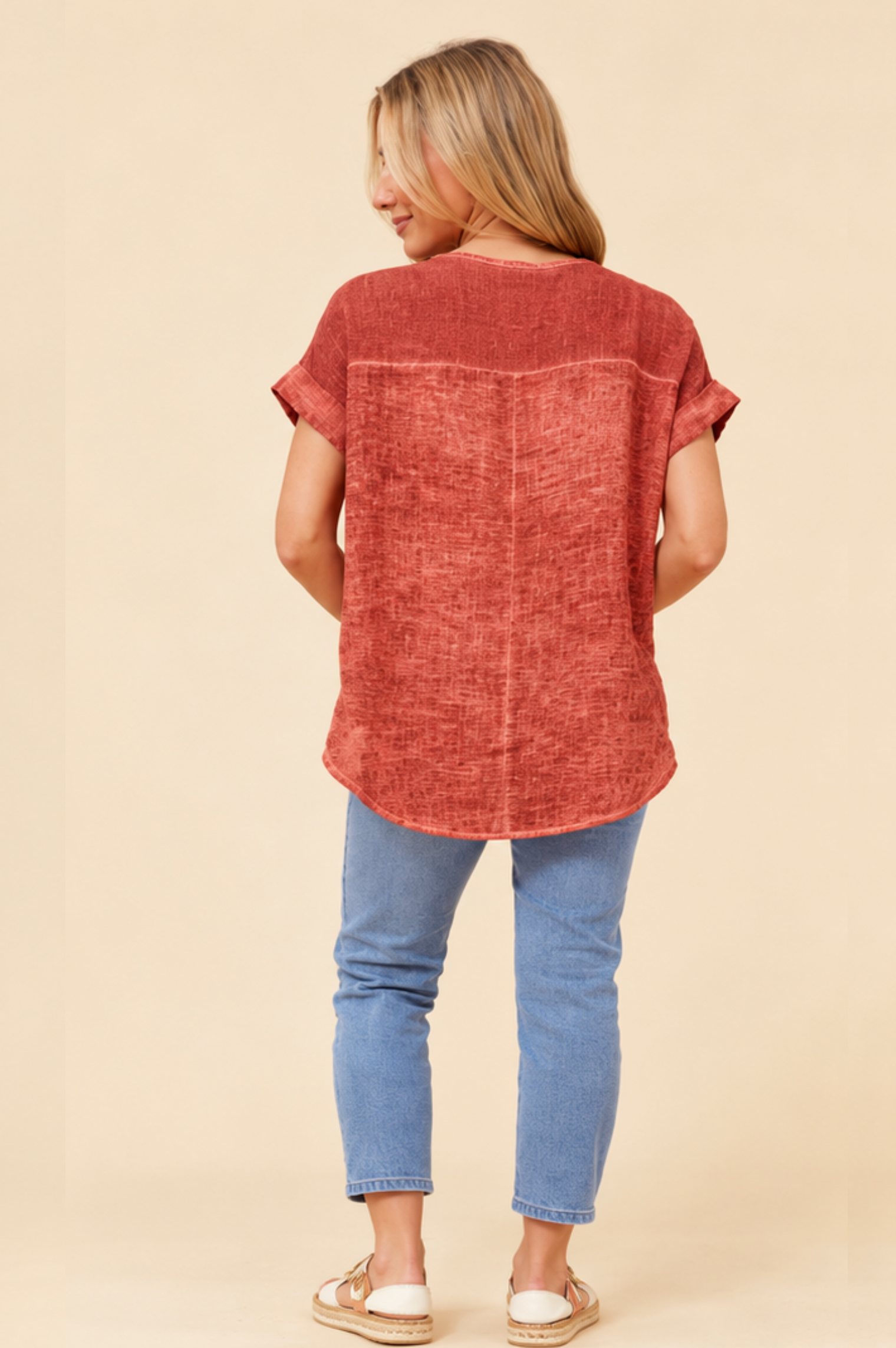 Bottega Moda Short Sleeve Solid Top in Rosewood