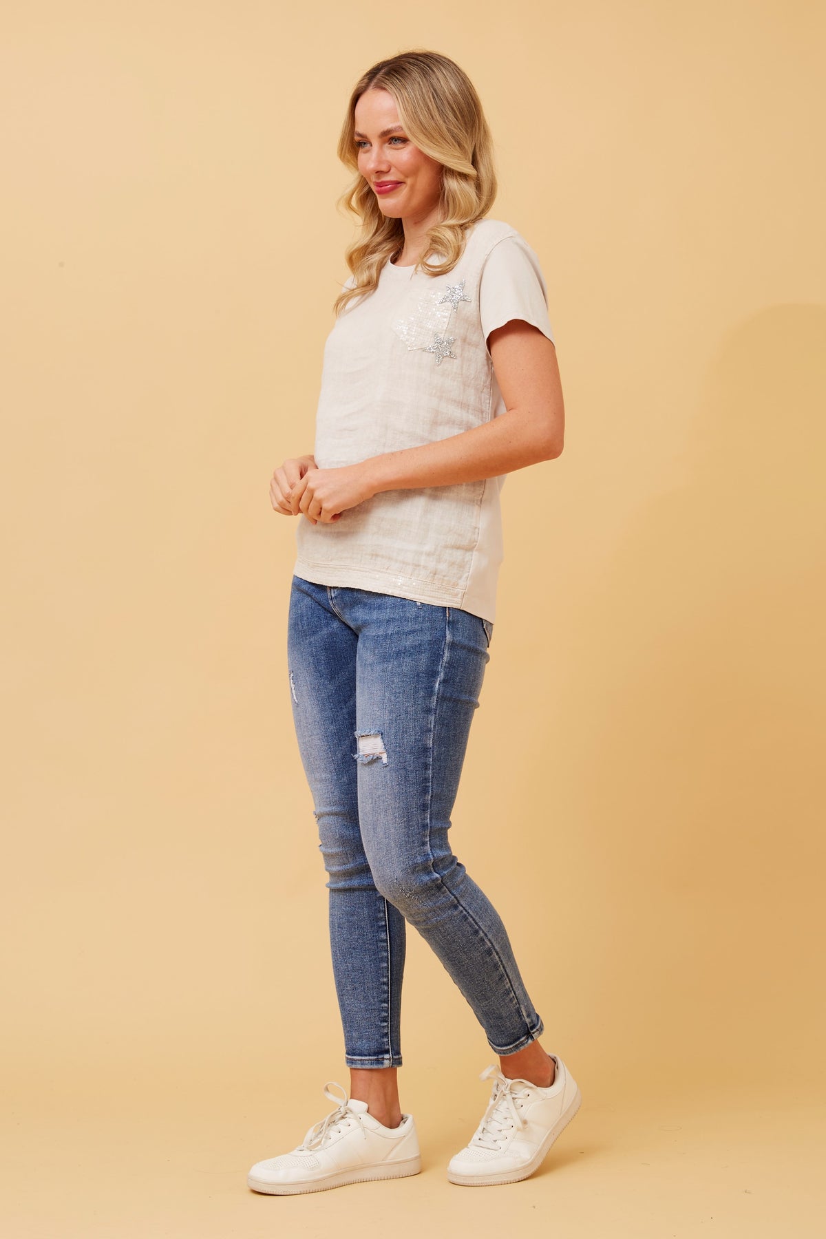 Bottega Moda Short Sleeve Top with Sequin Trim in Beige