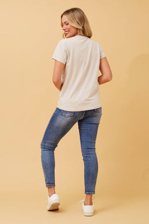 Bottega Moda Short Sleeve Top with Sequin Trim in Beige