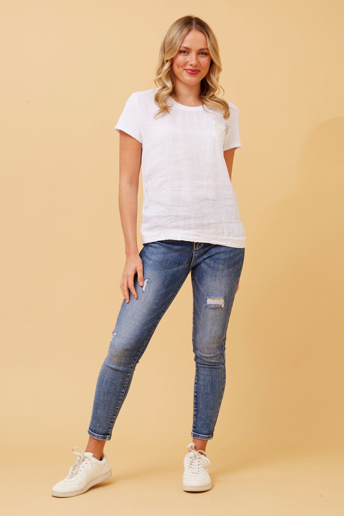 Bottega Moda Short Sleeve Top with Sequin Trim in White