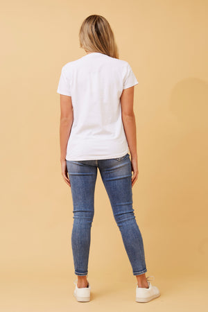 Bottega Moda Short Sleeve Top with Sequin Trim in White