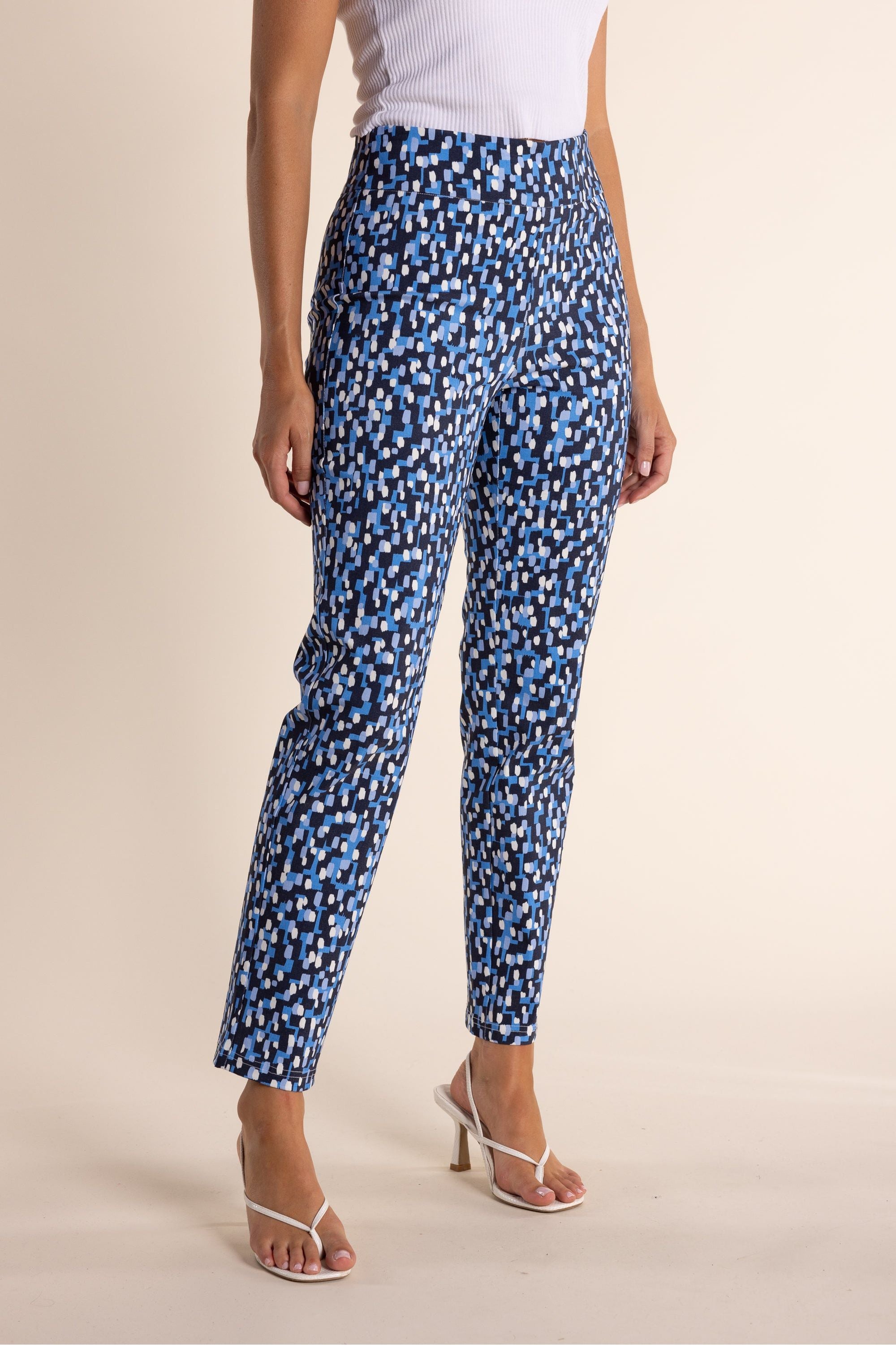 Two-T's Clothing Abstract Print Pull on Pant in Blue Abstract Print