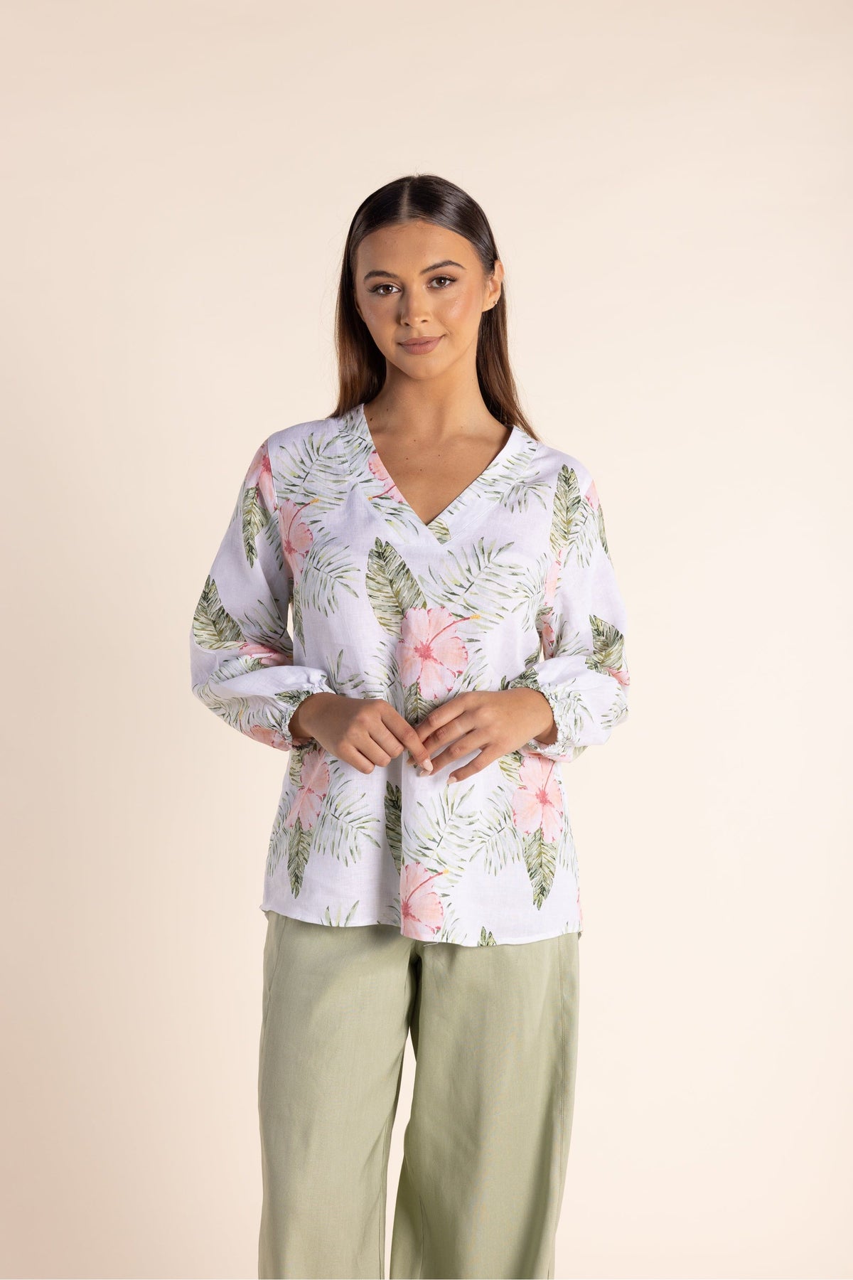Two T's Tropical Print V neck Top