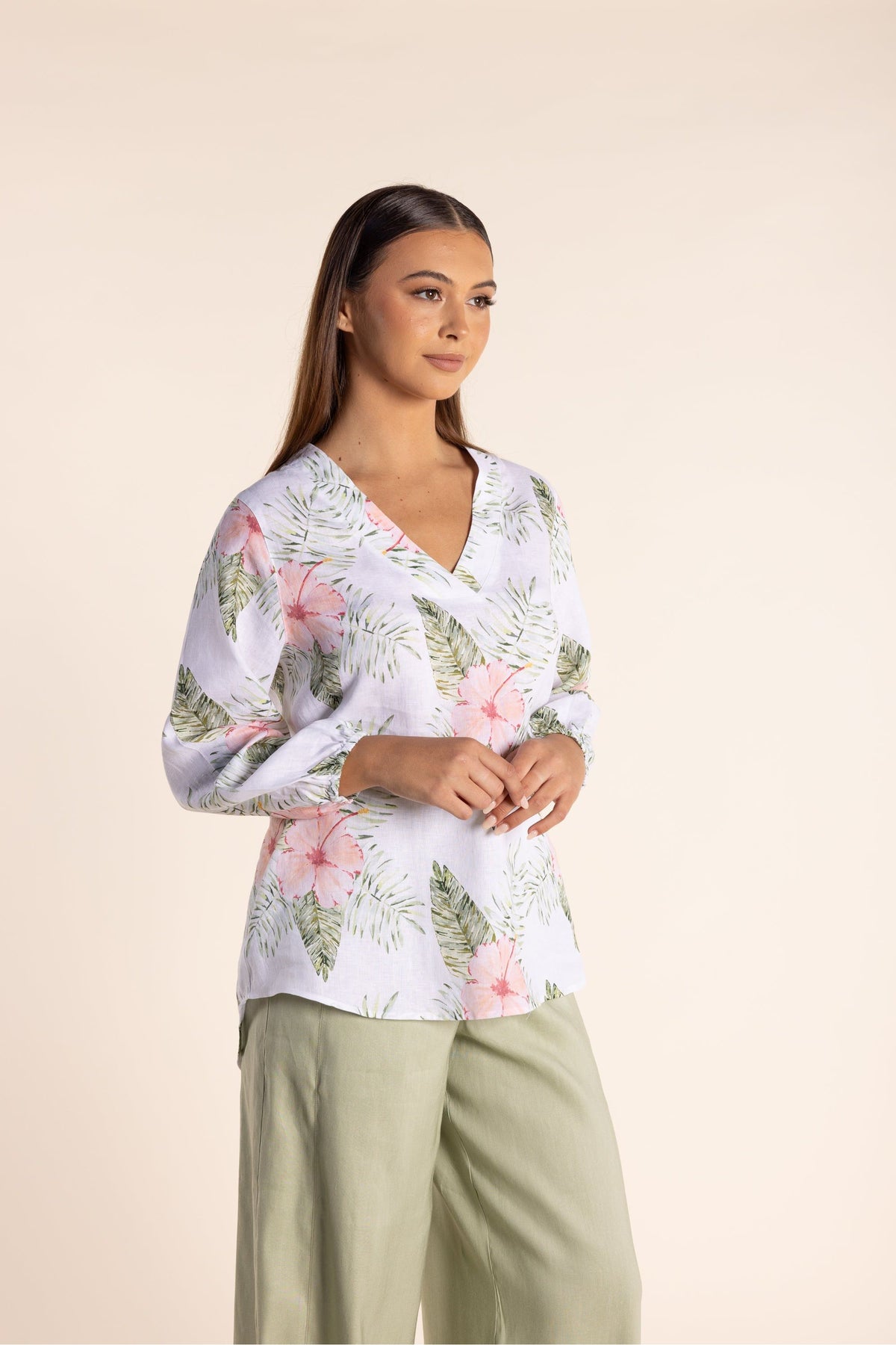 Two T's Tropical Print V neck Top