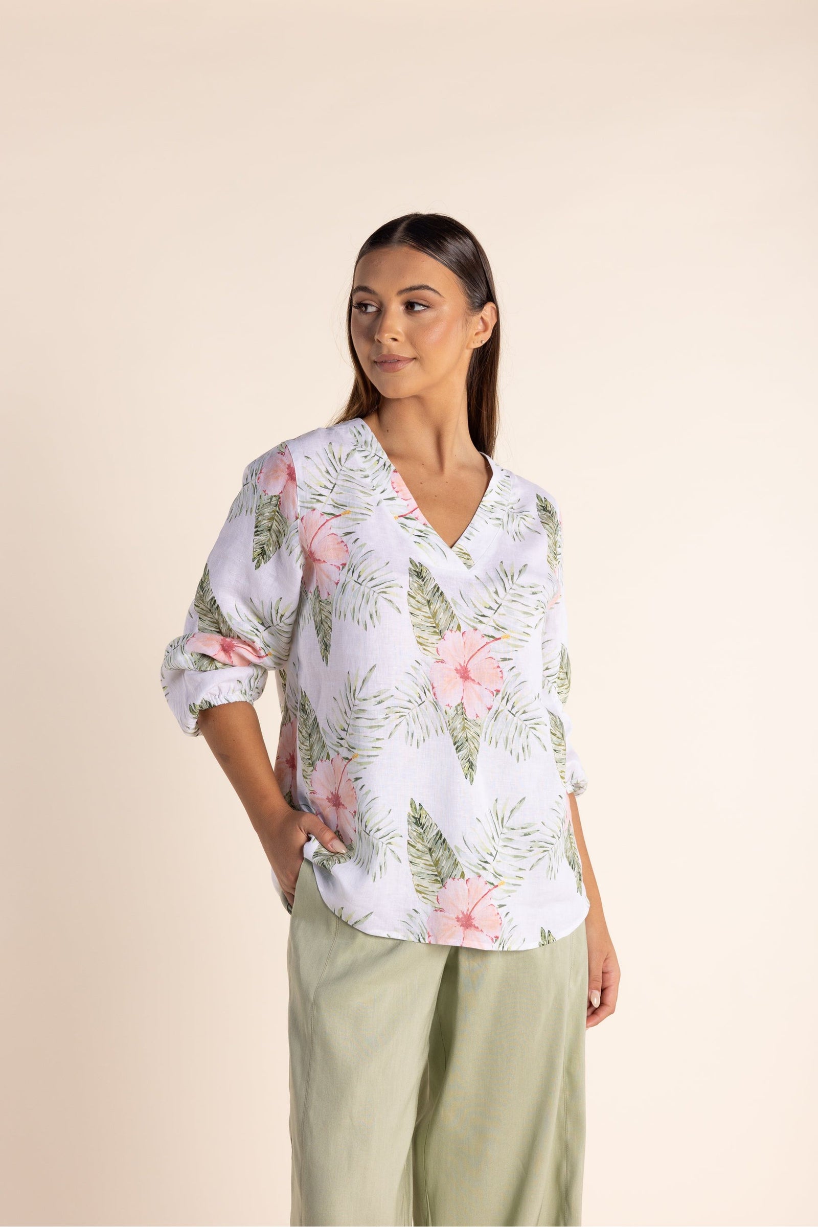 Two T's Tropical Print V neck Top