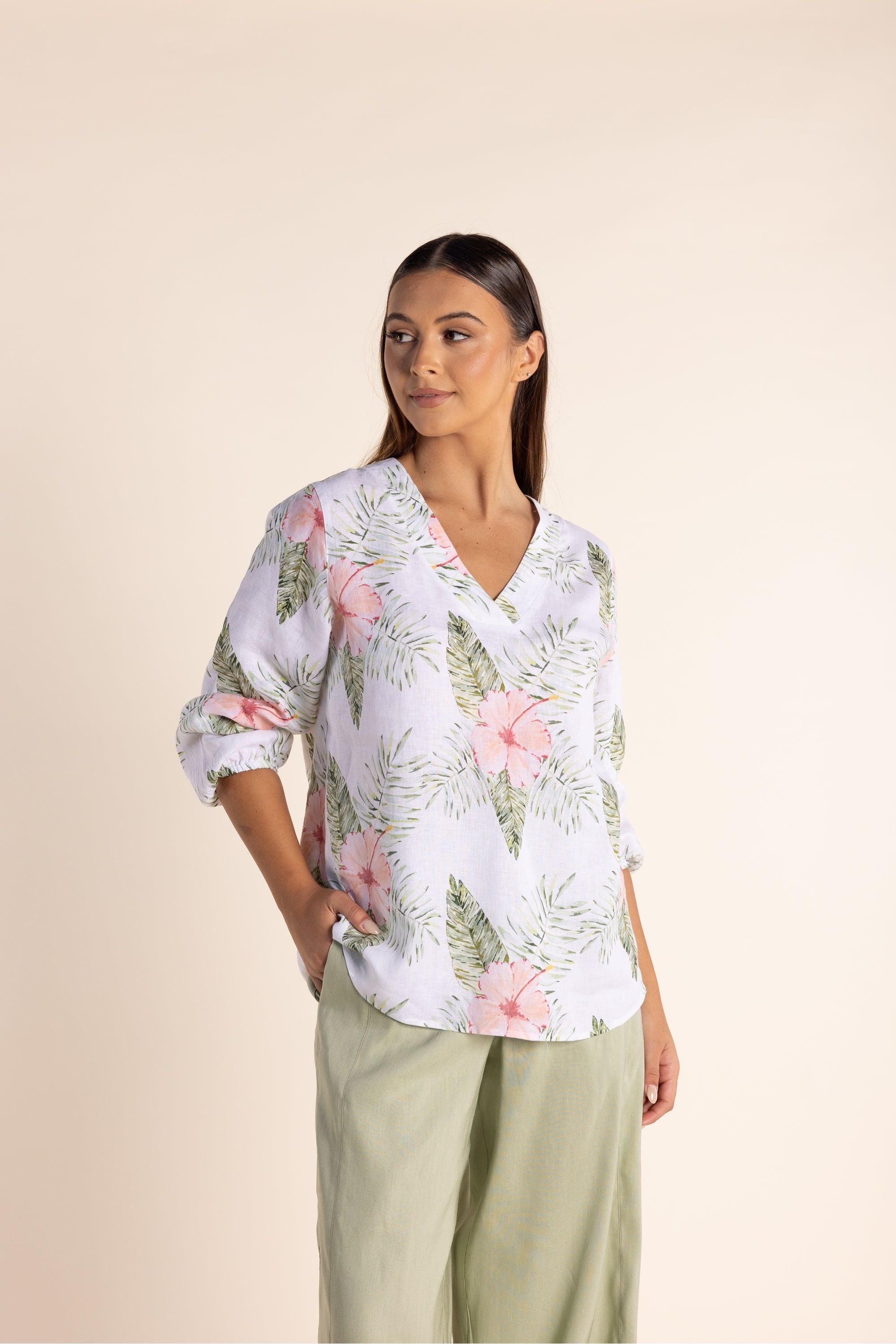 Two T's Tropical Print V neck Top