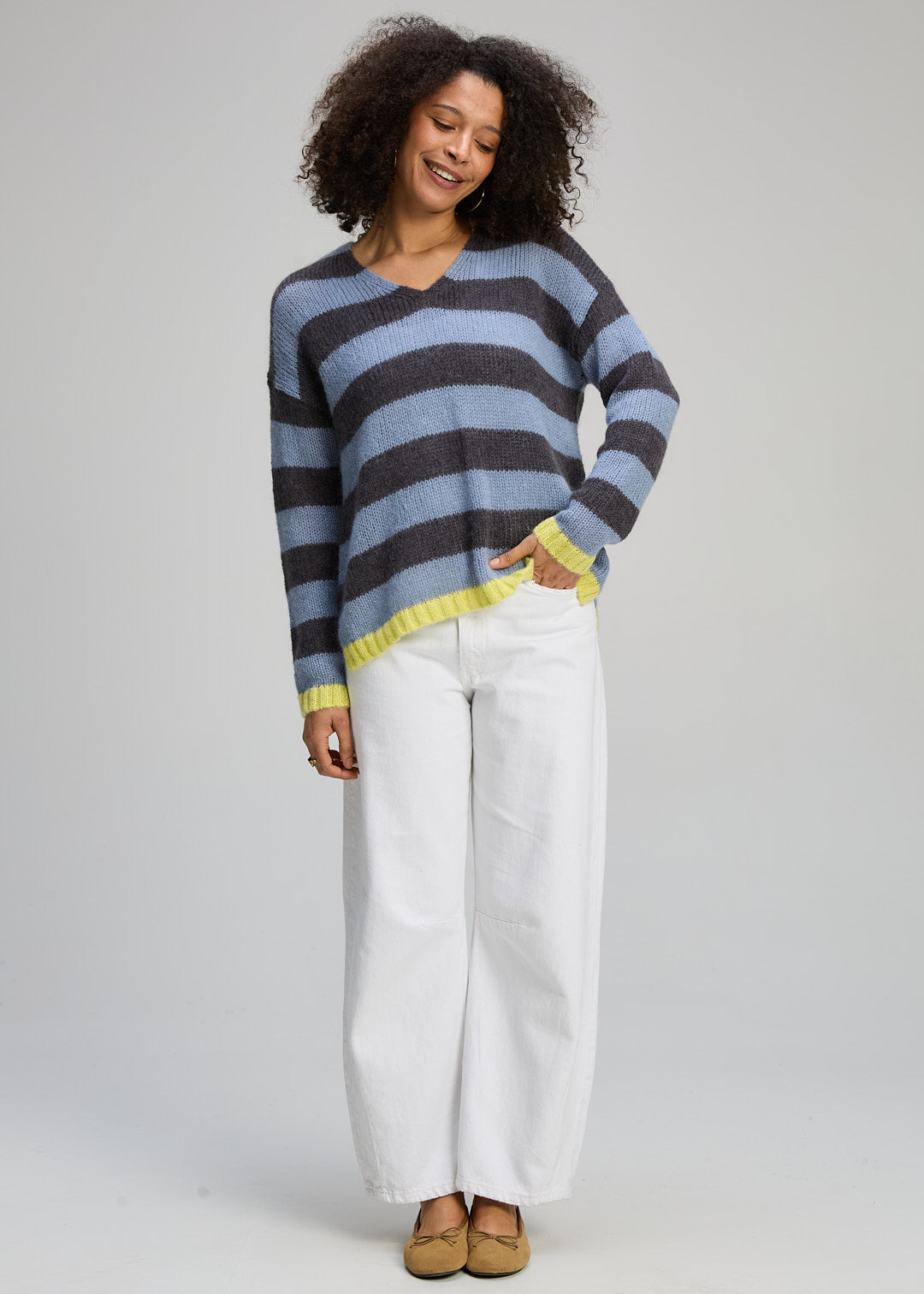 Zaket and Plover Cozy Kid Stripe V Neck in Mist