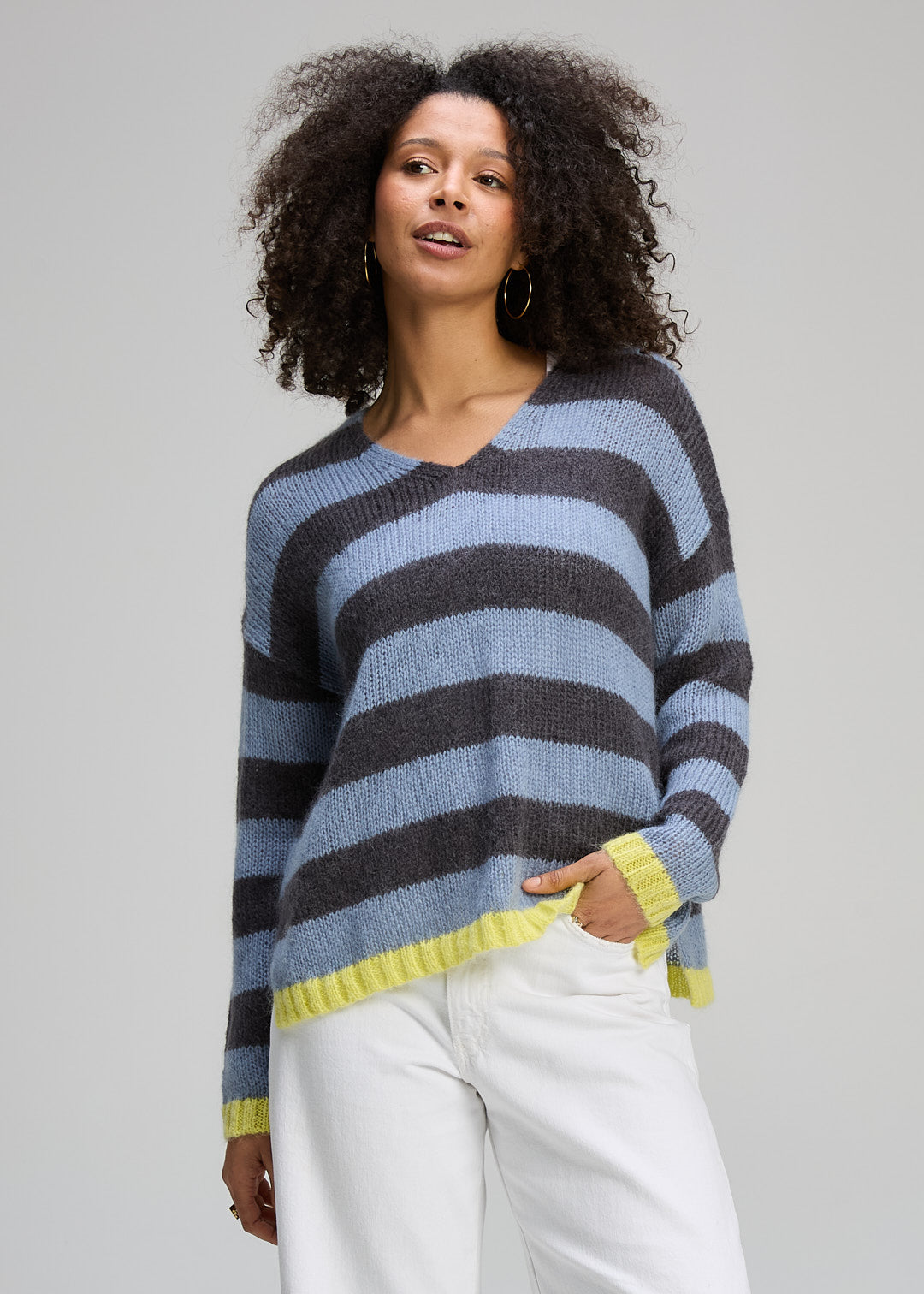 Zaket and Plover Cozy Kid Stripe V Neck in Mist