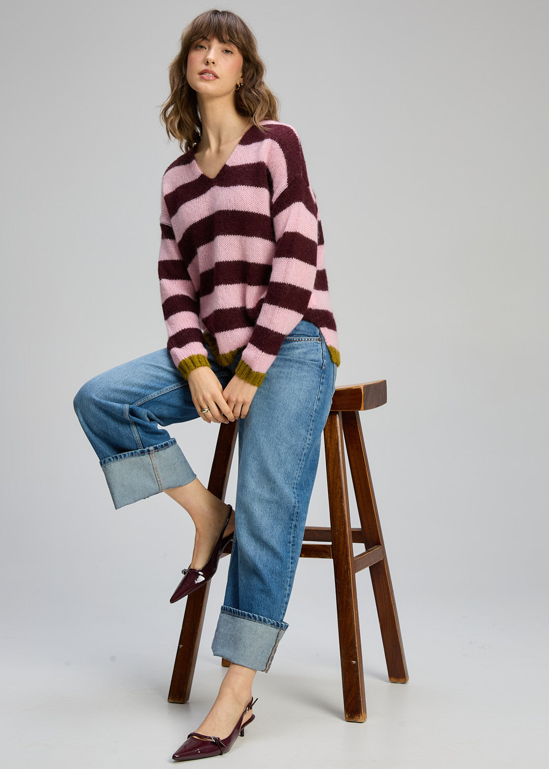 Zaket and Plover Cozy Kid Stripe V Neck in Sugar Plum