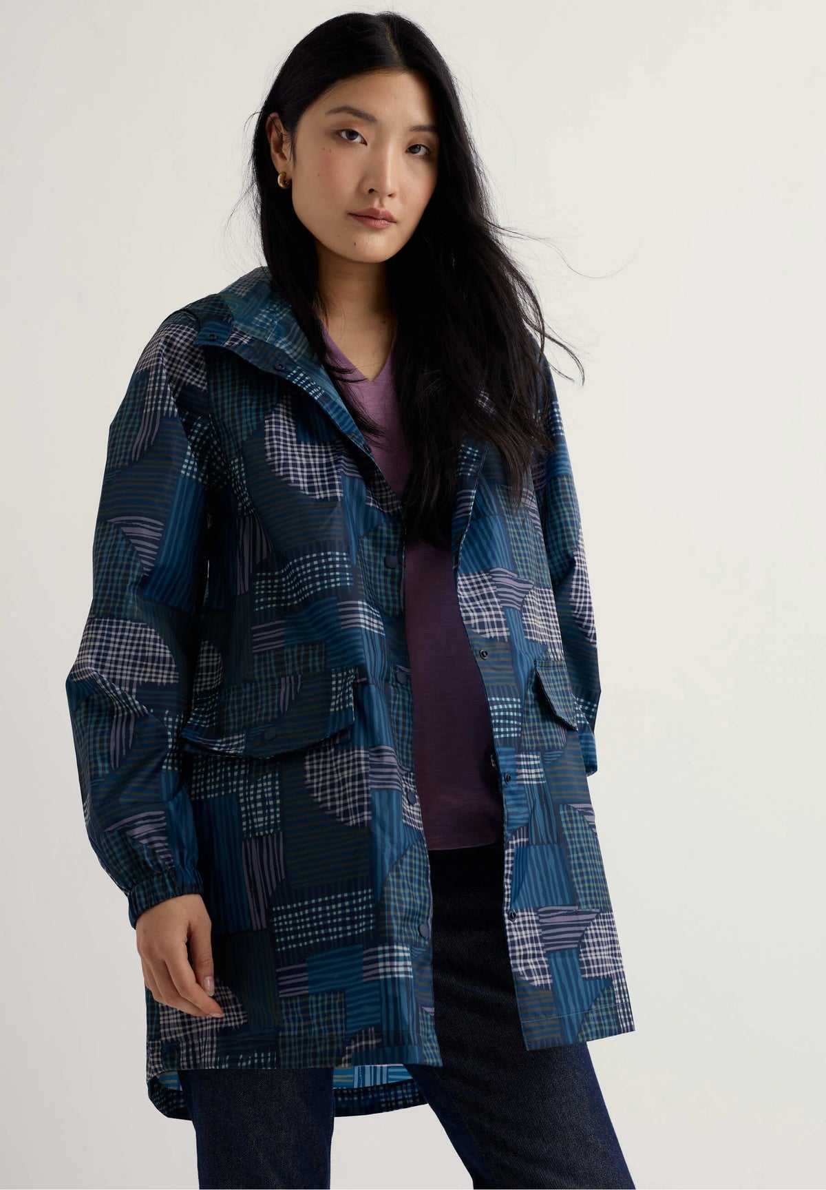 Seasalt Cornwall Packable Raincoat in Inked Patchwork Maritime