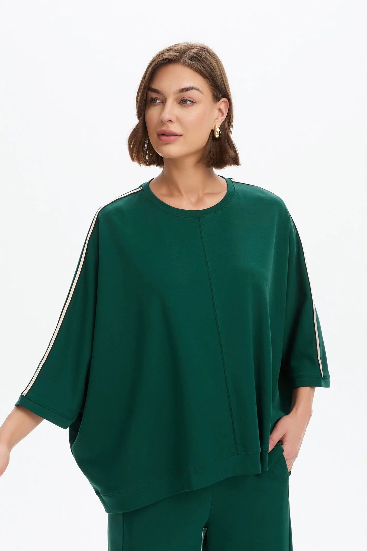 Tirelli Oversized 3/4 Stripe Sleeve Tee in Juniper Green