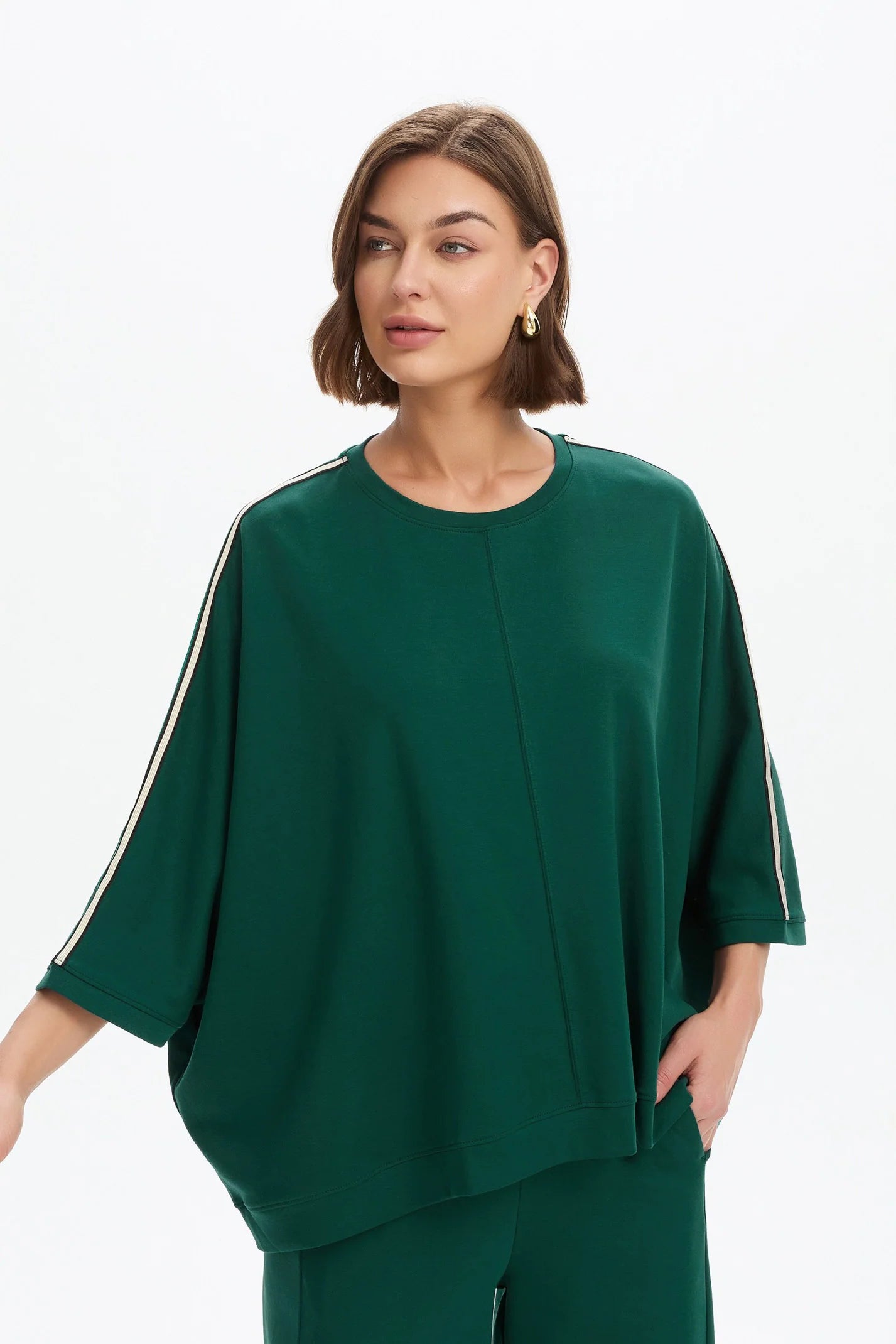 Tirelli Oversized 3/4 Stripe Sleeve Tee in Juniper Green
