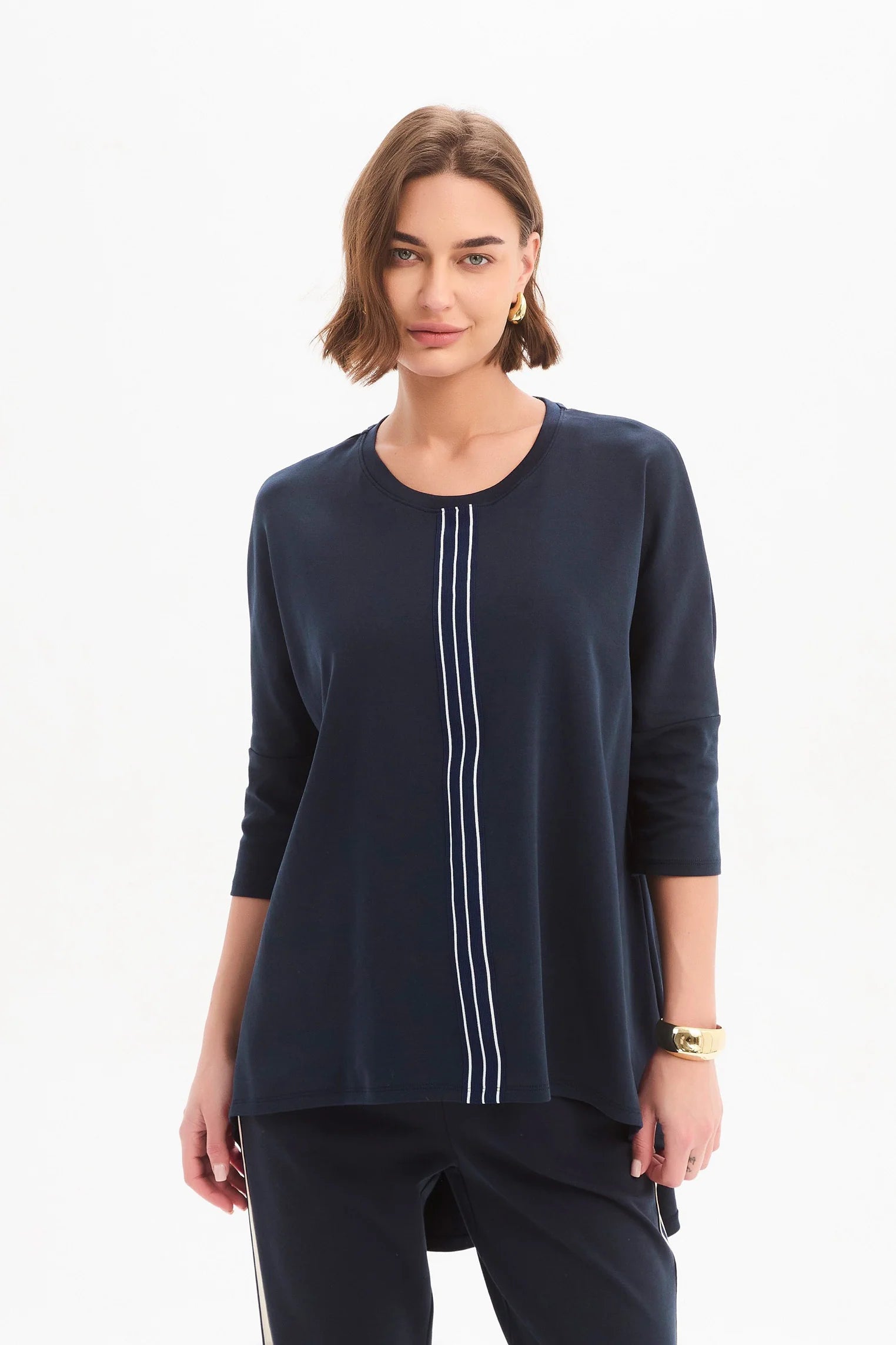 Tirelli Stripe Front 3/4 Sleeve Top in Navy