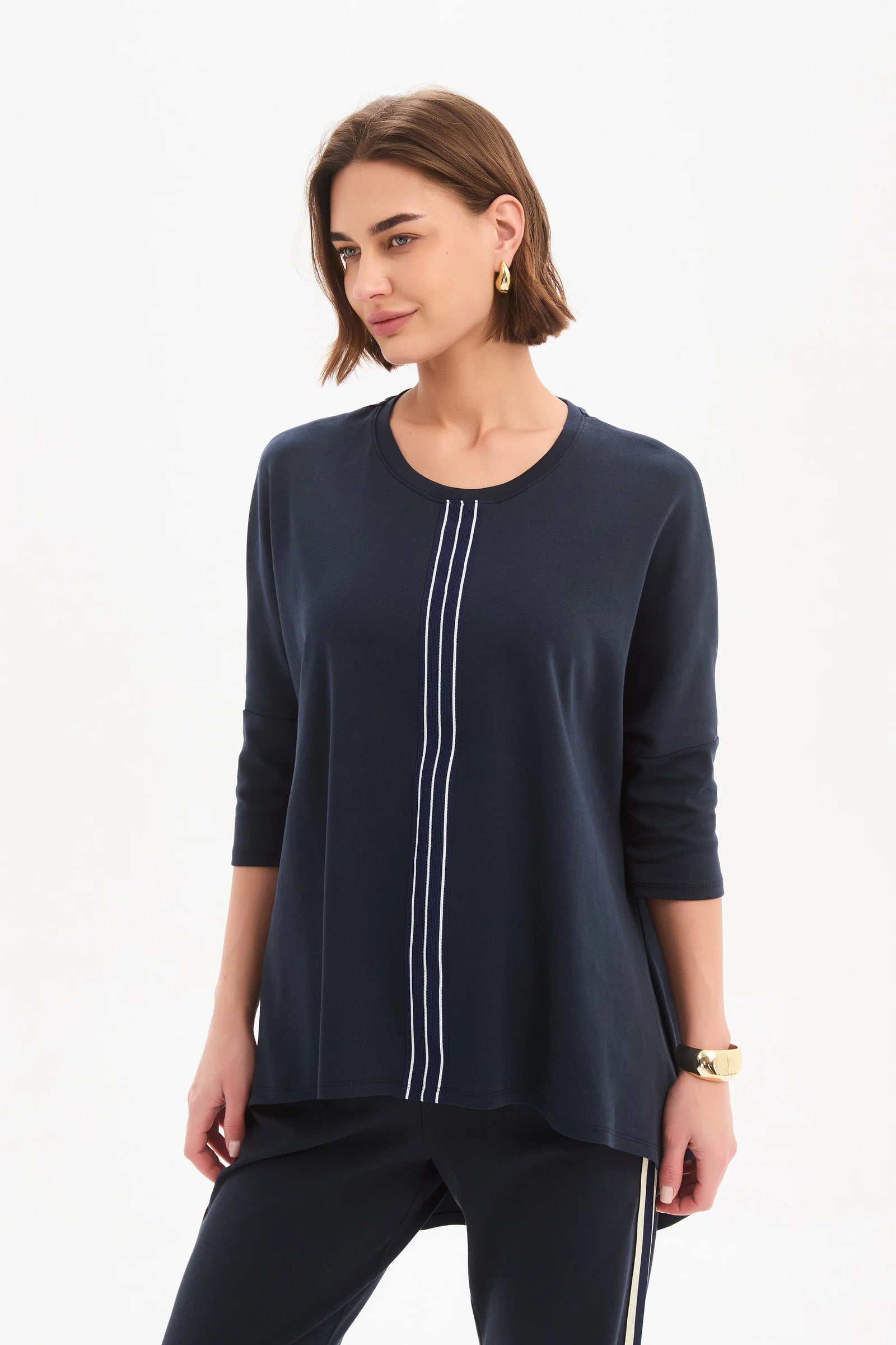 Tirelli Stripe Front 3/4 Sleeve Top in Navy