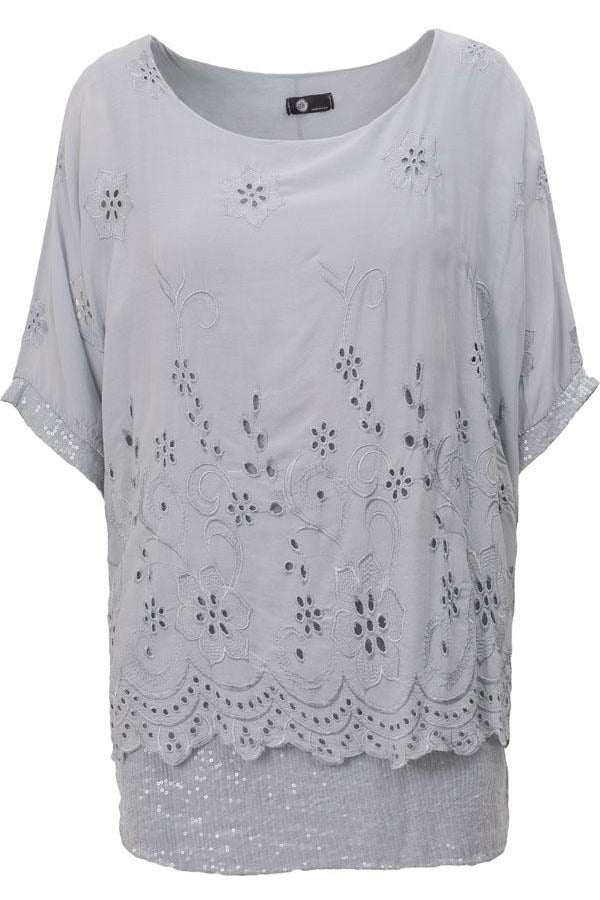 M Made In Italy Woven Short Sleeve Tunic Top in Silver
