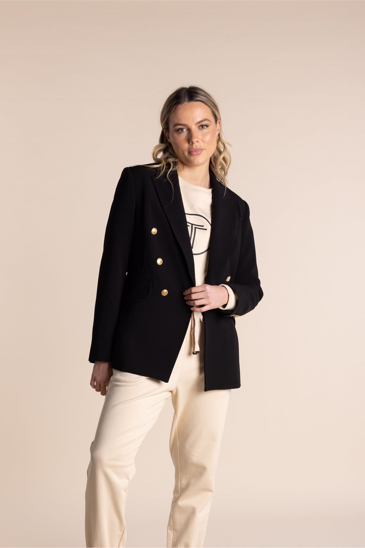 Two-T's Clothing Gold Button Blazer in Black