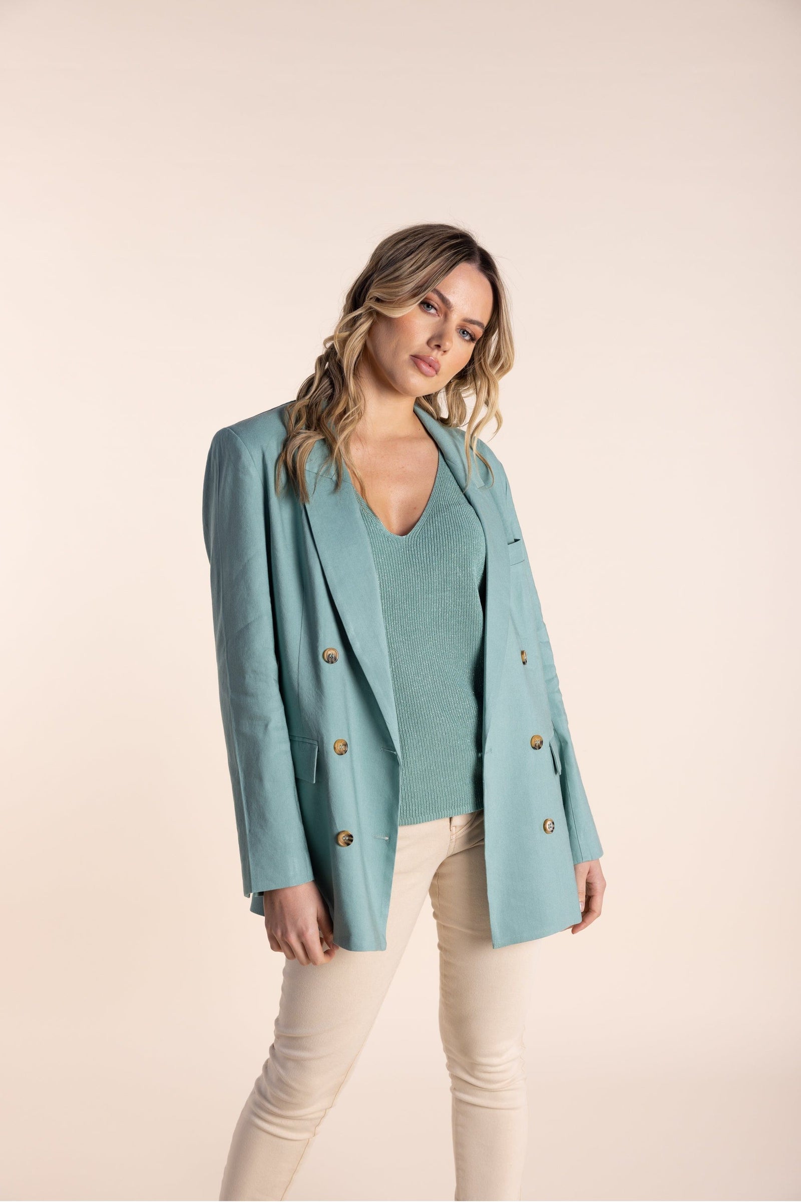 Two-T's Clothing DB Linen Blazer in Sage