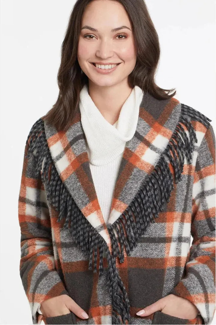 Tribal Clothing Lined Long Sleeve Coat With Fringe Detail in Sierra