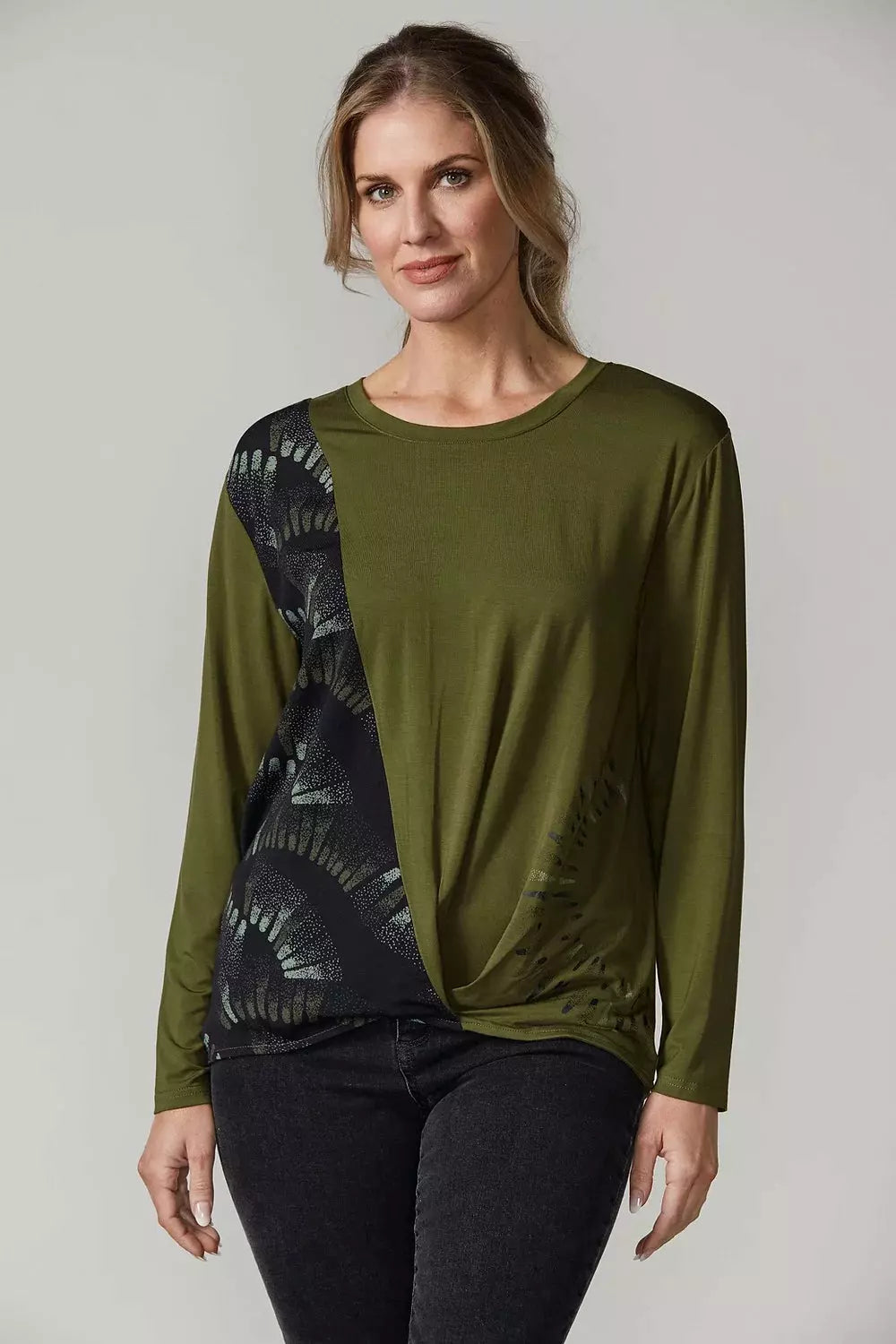 Newport Collection Skylar Top in Olive Scattered Wave Print