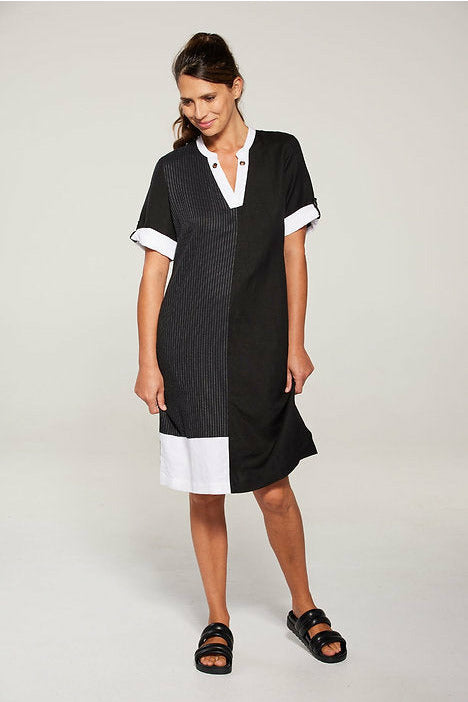 Newport Collection Hamptons Linen Blend Dress in White/ Black Mix