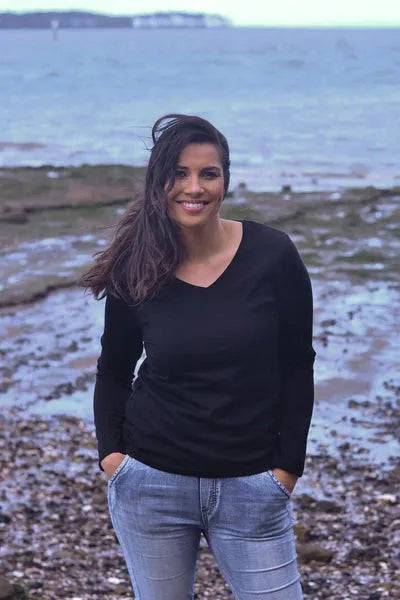 Ebony Merino Wool Self Trim V Neck Top in Black